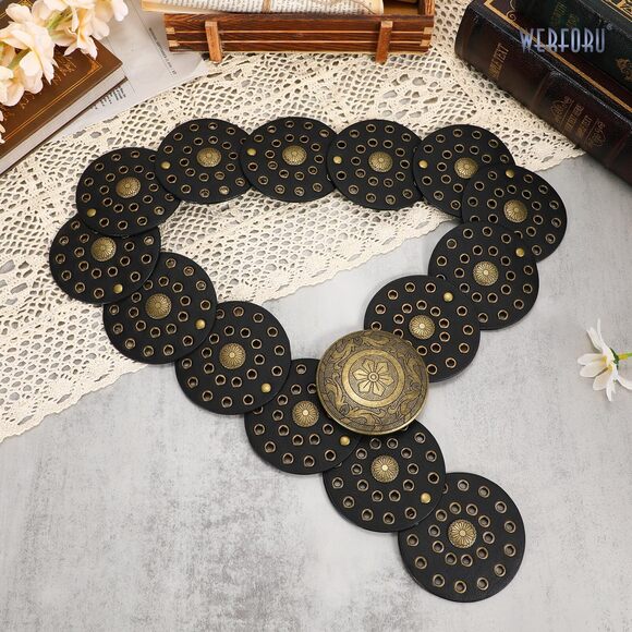 8631 Women Wide Western Disc Belt Cowgirl Boho Leather Belt For Jeans Dress - Picture 3 of 5